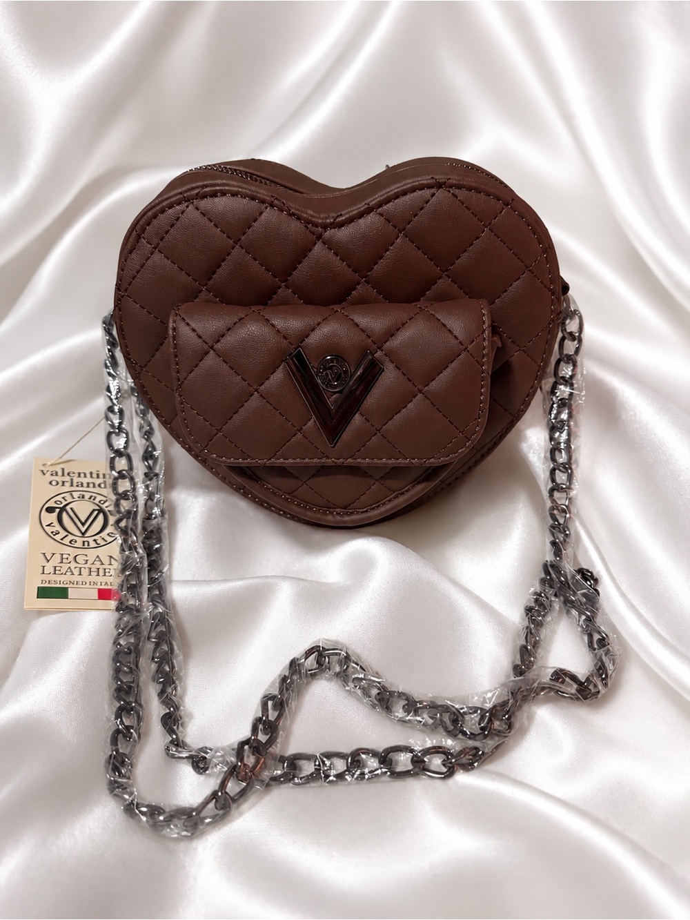 Valentino Orlandi Chocolate Brown Quilted Heart Mini Crossbody